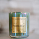 Candle with a label on a blurred background