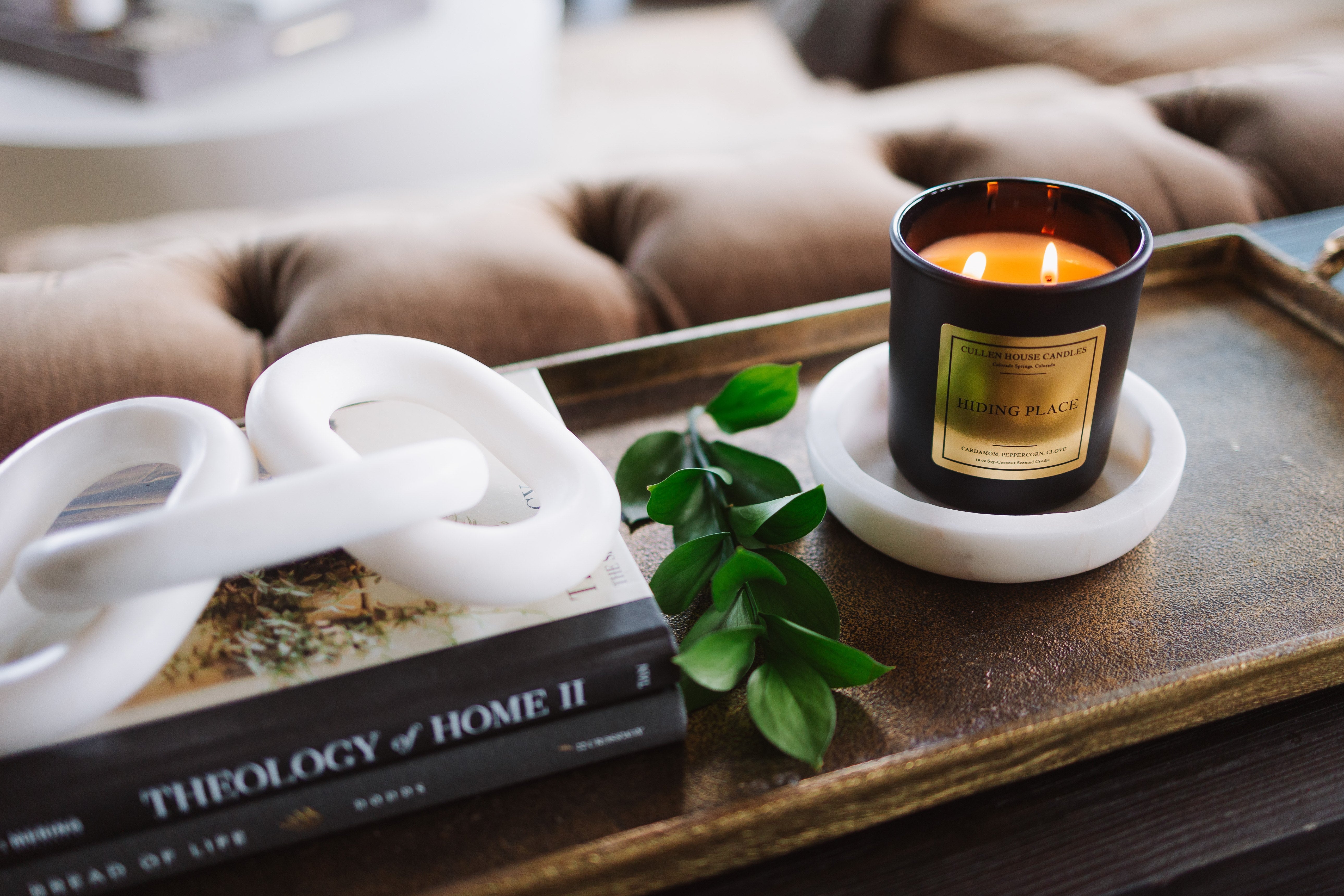 Candle on a coaster with books and a plant on a tray, against a couch background