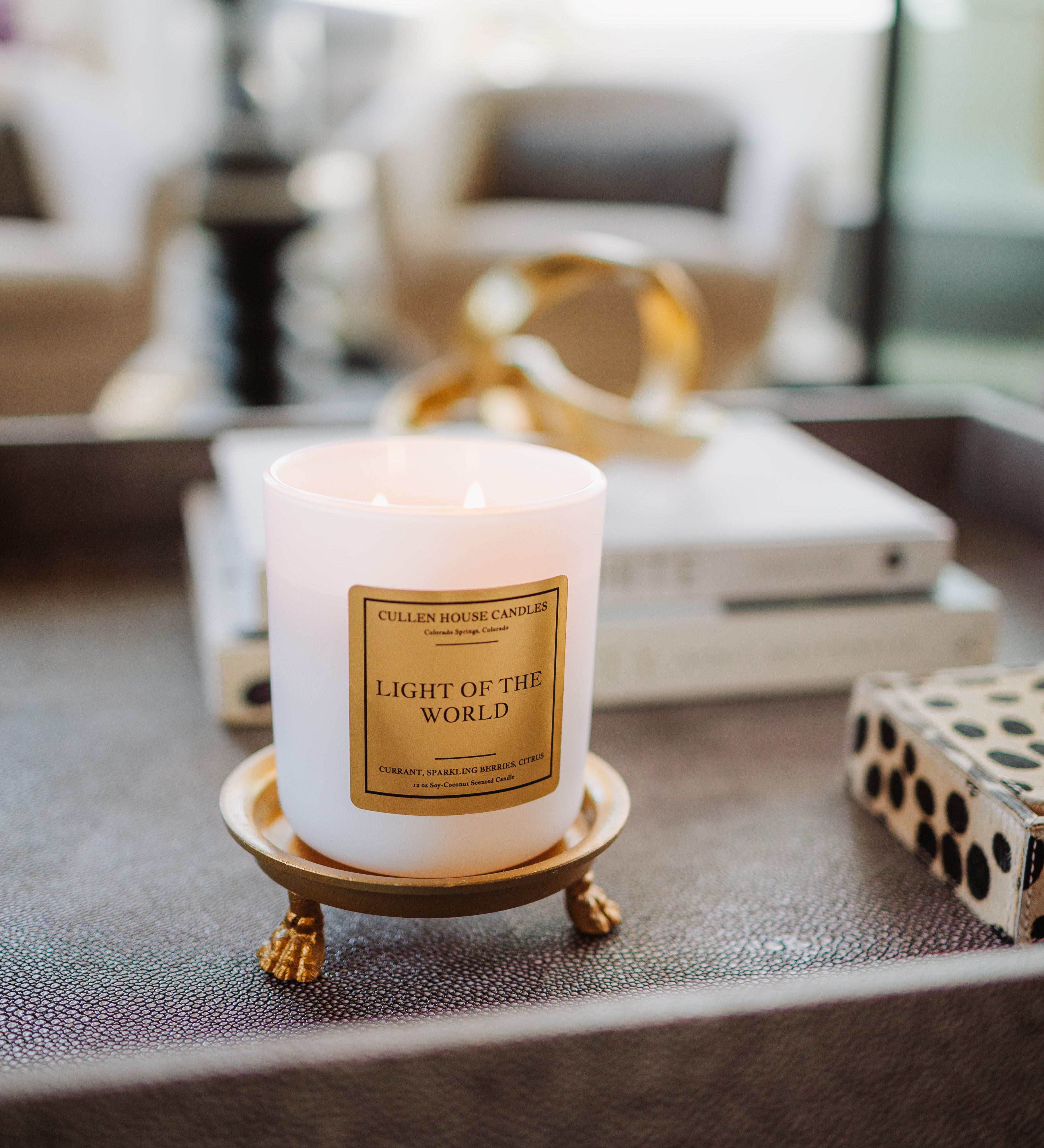 Candle labeled 'Light of the World' on a decorative stand in an indoor setting