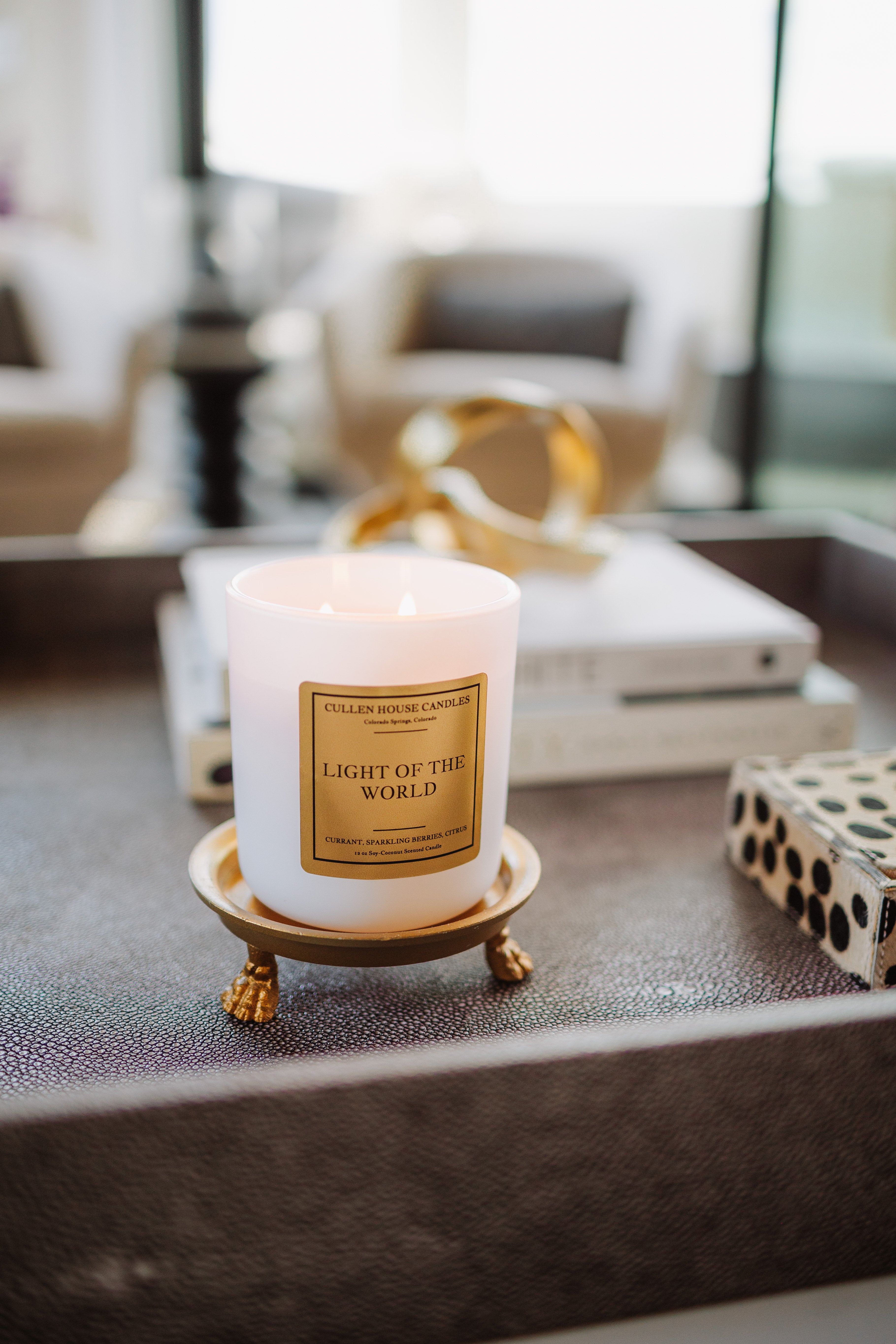 Candle labeled 'Light of the World' on a decorative stand in an indoor setting
