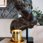Candle with decorative label on a book next to a classical statue and plant