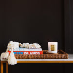 Decorative setup with books, a candle, and decorative items on a table against a black background